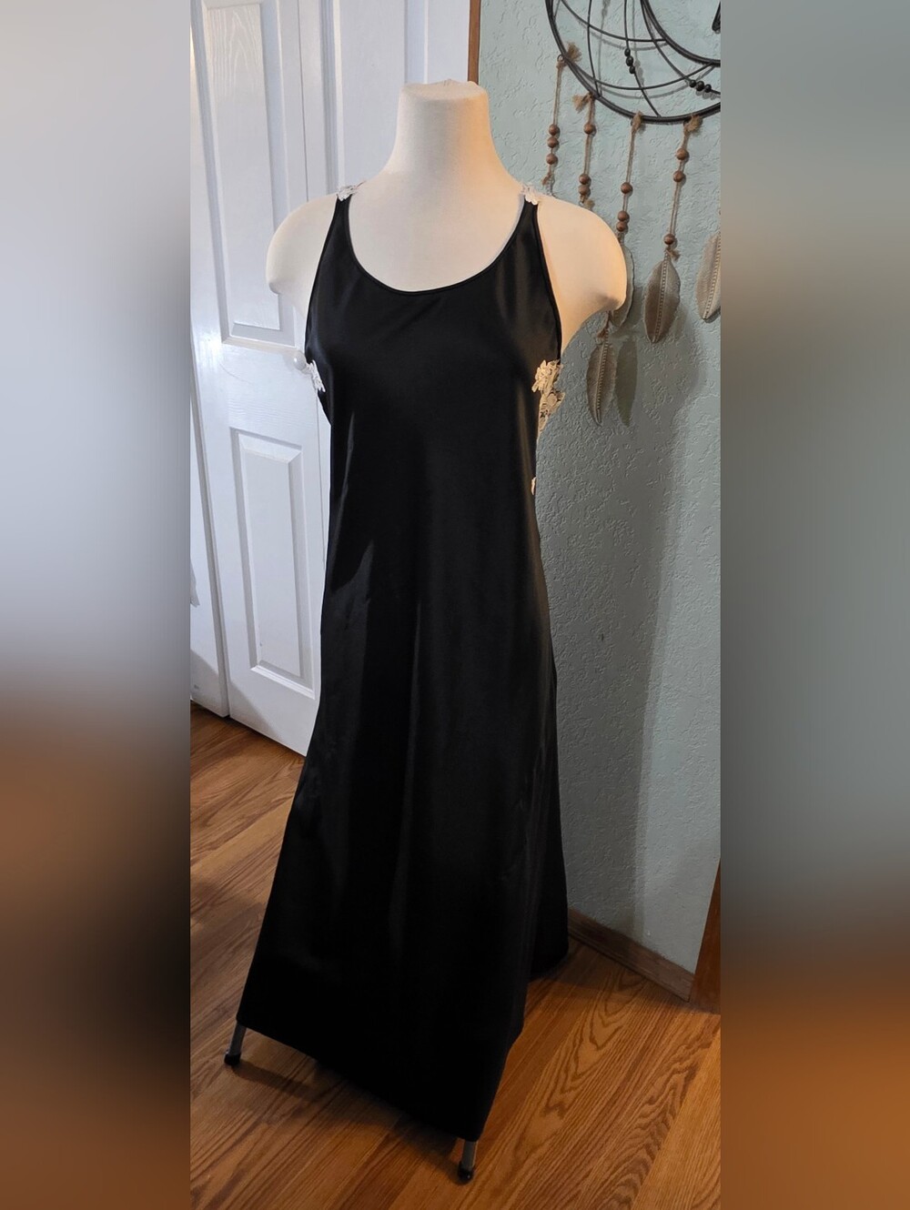 Victoria's Secret Long Black Satin Slip Dress Size M Y2K --FLAWED--